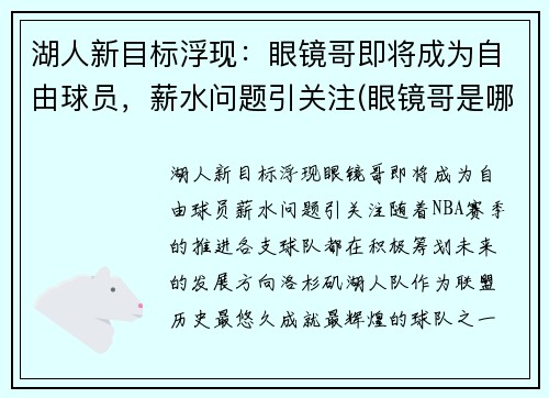 湖人新目标浮现：眼镜哥即将成为自由球员，薪水问题引关注(眼镜哥是哪里人)