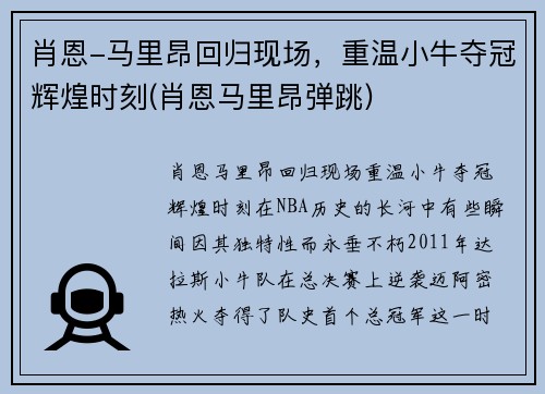 肖恩-马里昂回归现场，重温小牛夺冠辉煌时刻(肖恩马里昂弹跳)
