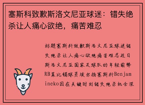 塞斯科致歉斯洛文尼亚球迷：错失绝杀让人痛心欲绝，痛苦难忍