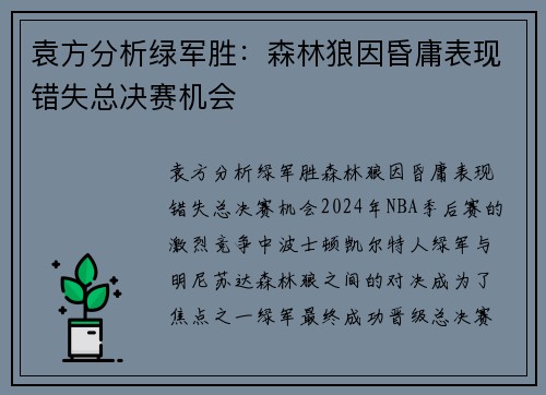 袁方分析绿军胜：森林狼因昏庸表现错失总决赛机会