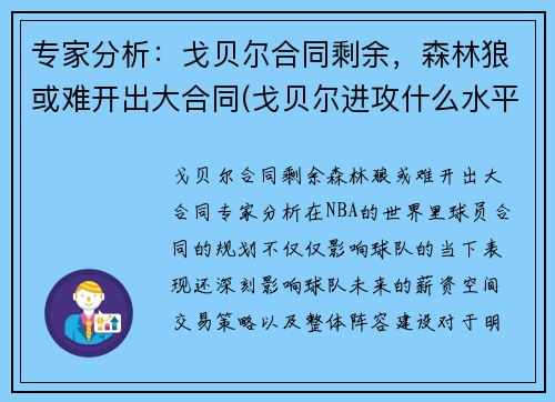 专家分析：戈贝尔合同剩余，森林狼或难开出大合同(戈贝尔进攻什么水平)