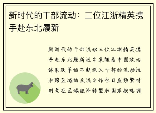 新时代的干部流动：三位江浙精英携手赴东北履新