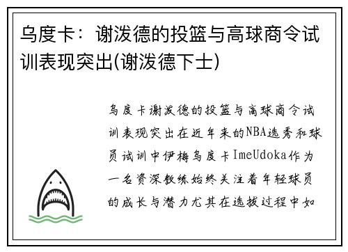 乌度卡：谢泼德的投篮与高球商令试训表现突出(谢泼德下士)