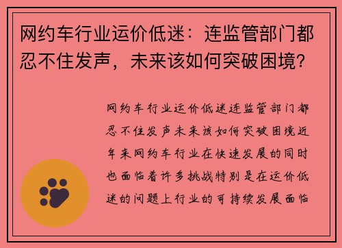 网约车行业运价低迷：连监管部门都忍不住发声，未来该如何突破困境？